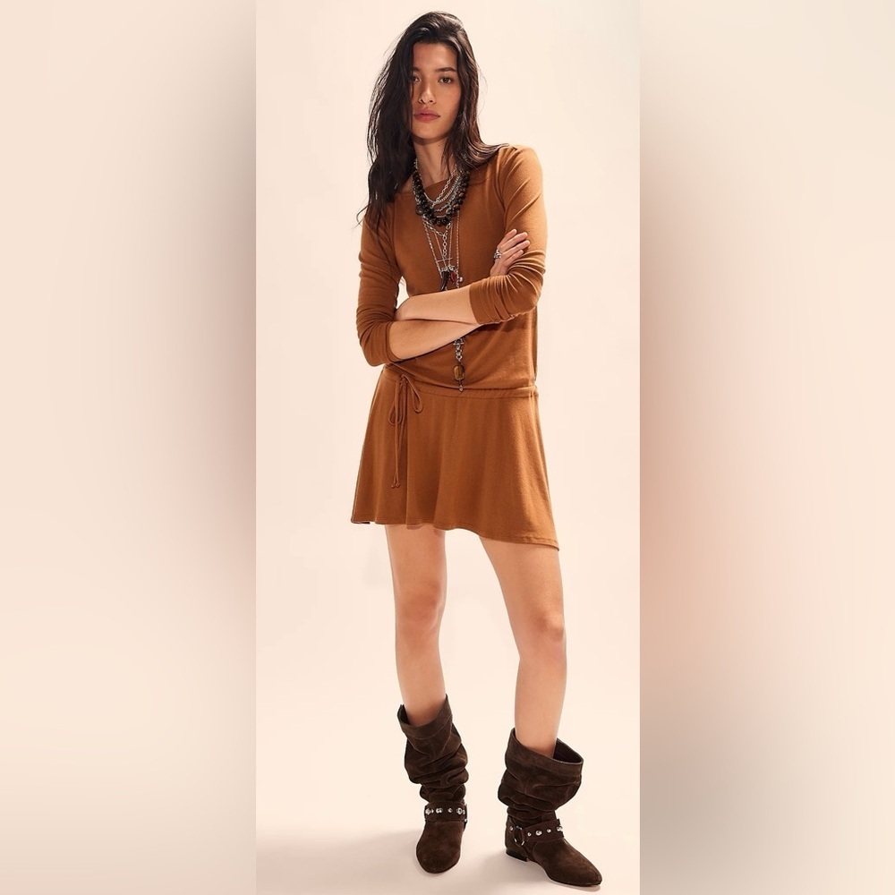 Free People Macadamia Brown Long Sleeve Mini Dress Womens Small